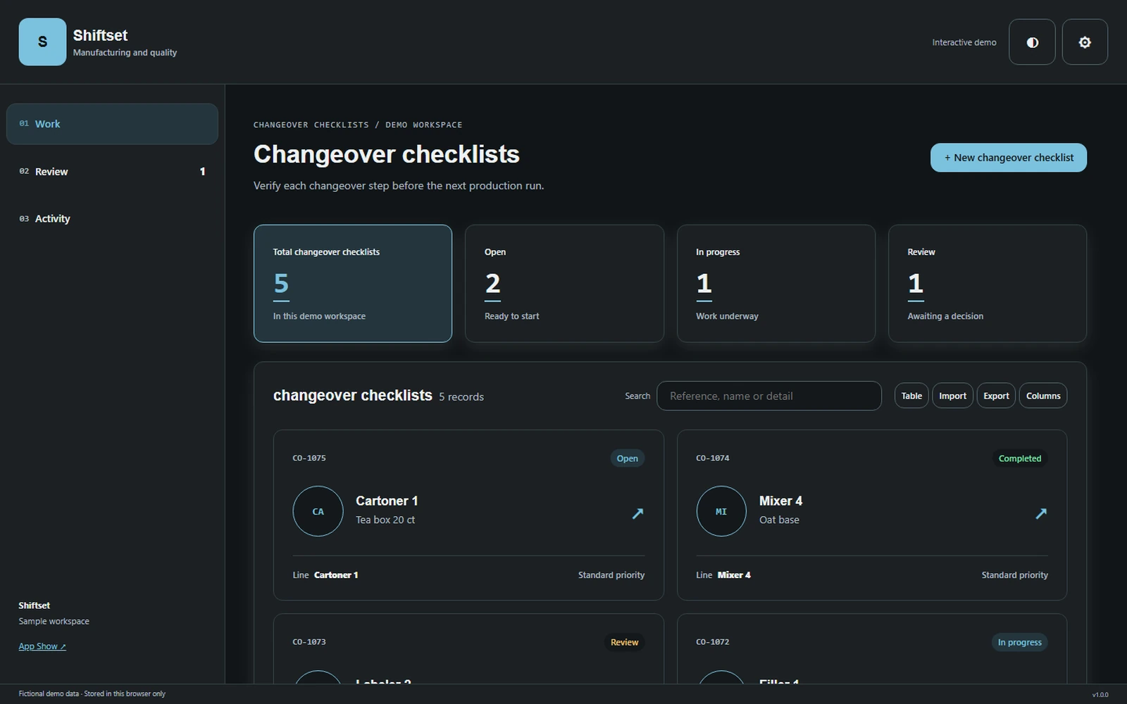 Shiftset responsive pc workspace with sample business records.