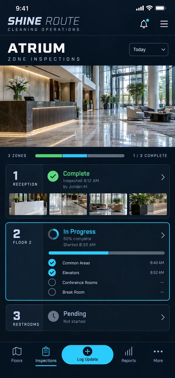 Shine Route commercial cleaning app: atrium zones to clean at a site with the crew's scope of work