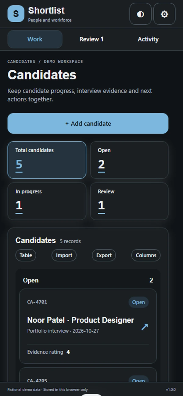 Shortlist: work queue with sample records