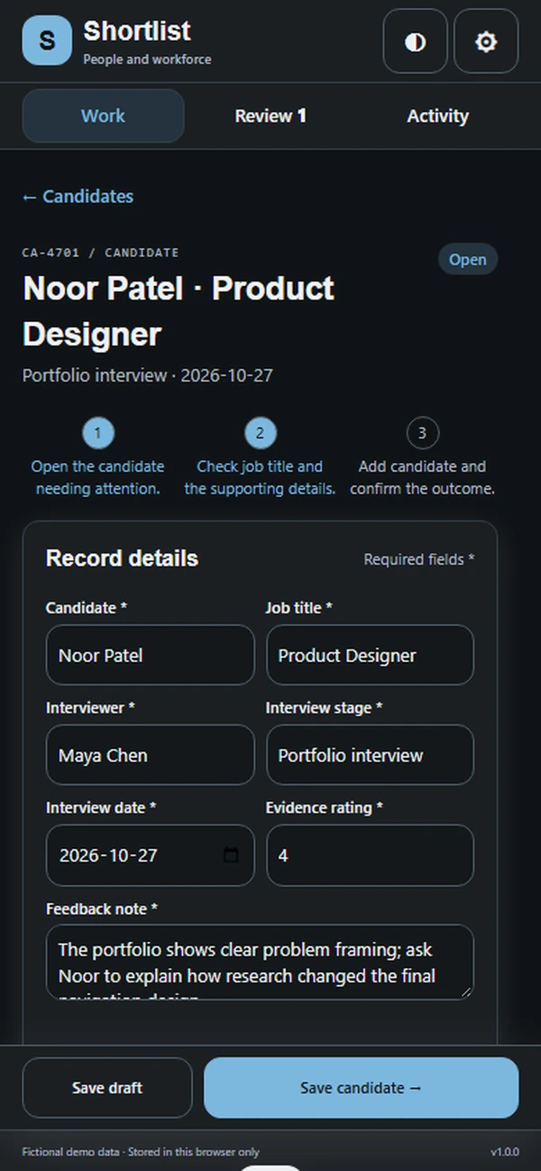 Shortlist: editable business record and action