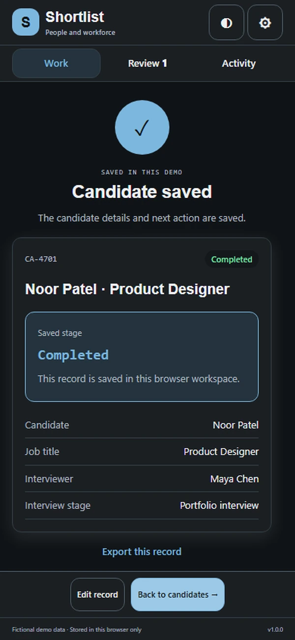 Shortlist: saved result with recorded details