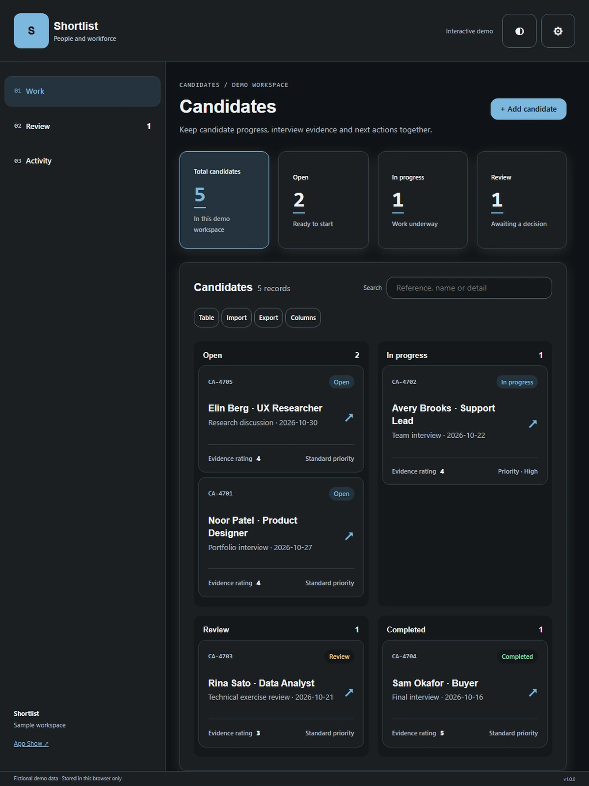 Shortlist responsive tablet workspace with sample business records.