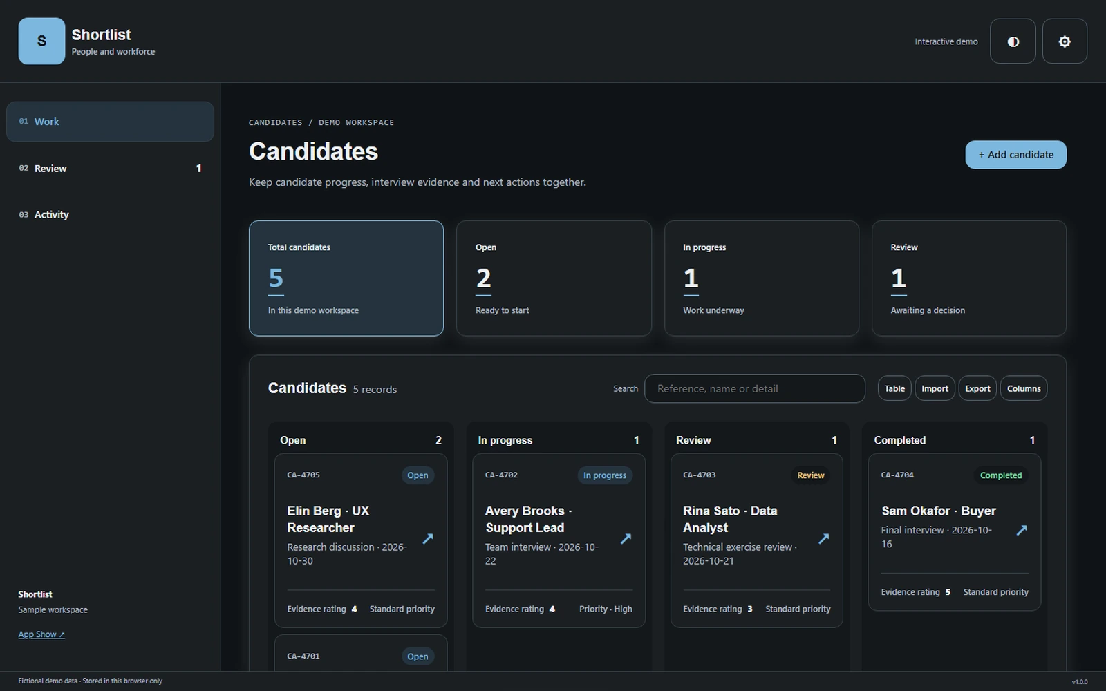 Shortlist responsive pc workspace with sample business records.