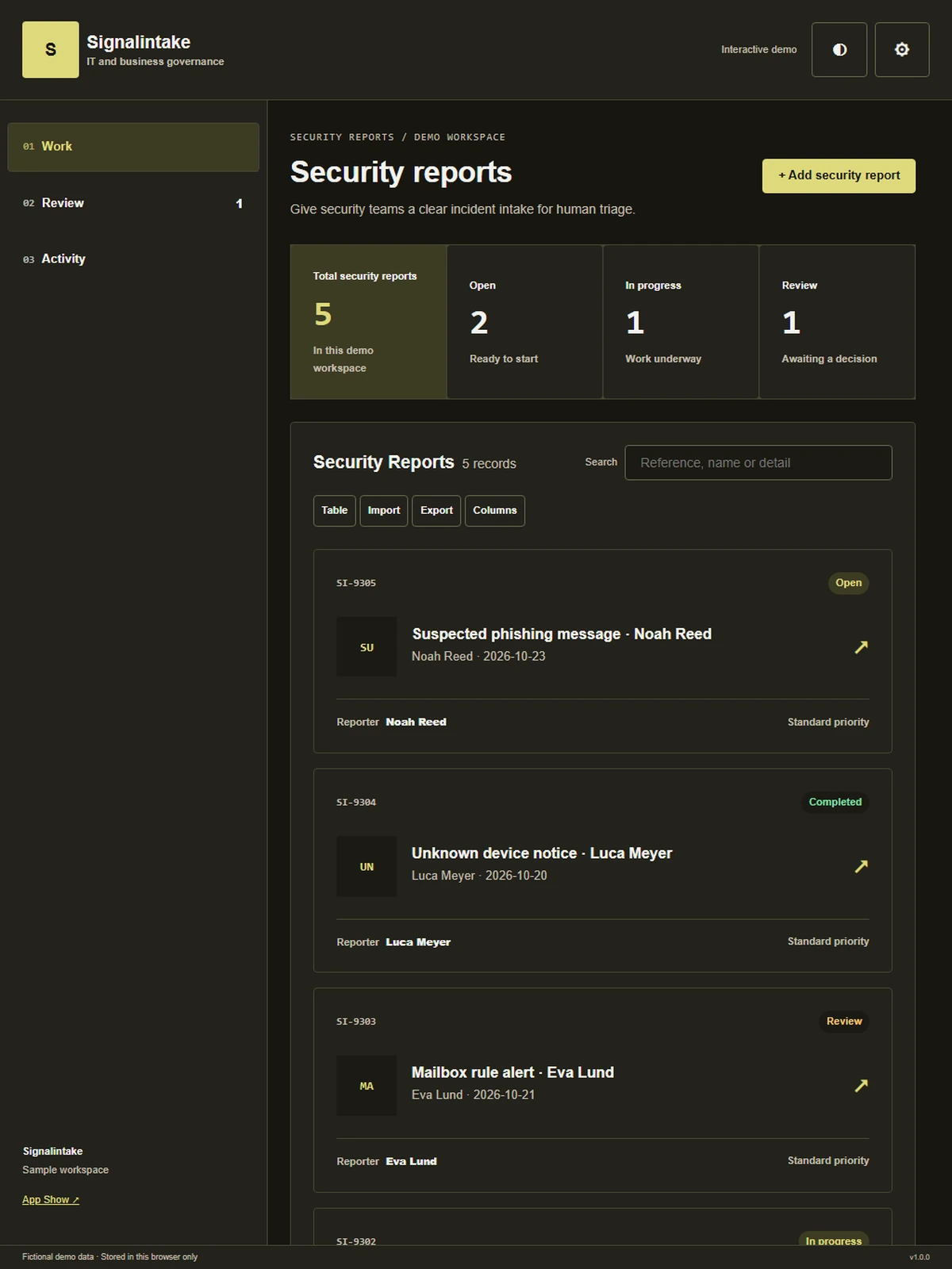 Signalintake responsive tablet workspace with sample business records.
