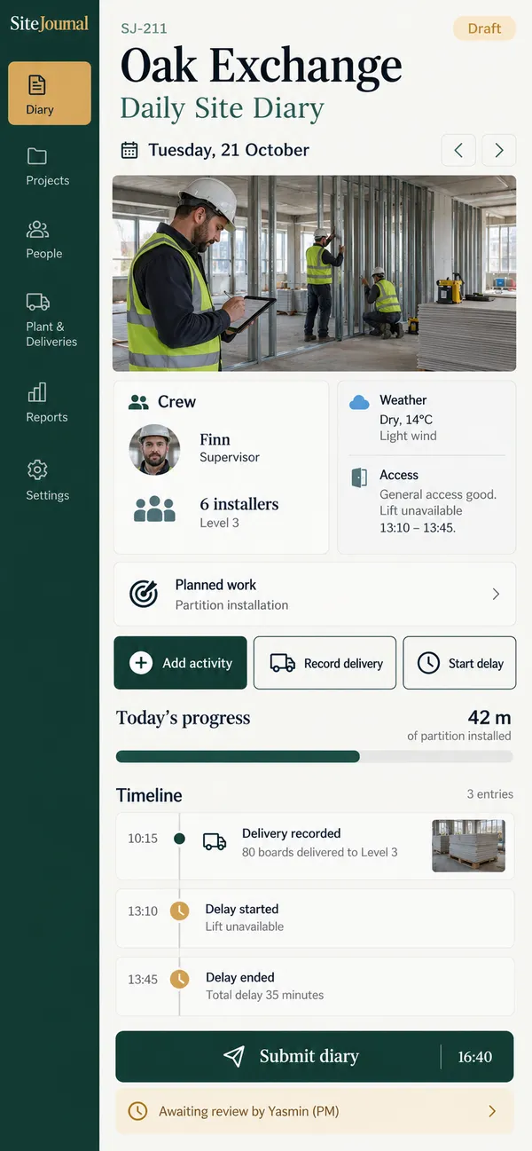 SiteJournal construction site diary app: daily record started with the crew and work location