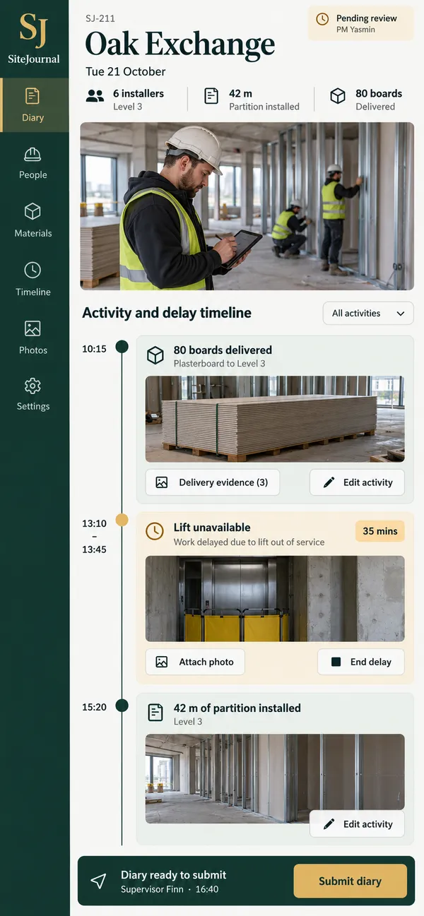 SiteJournal construction site diary app: progress and interruption notes listed in sequence for the day