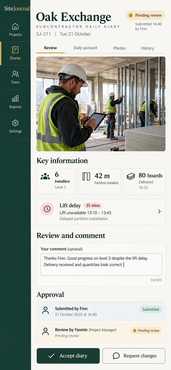 SiteJournal construction site diary app: day summary prepared for a conversation with the project manager