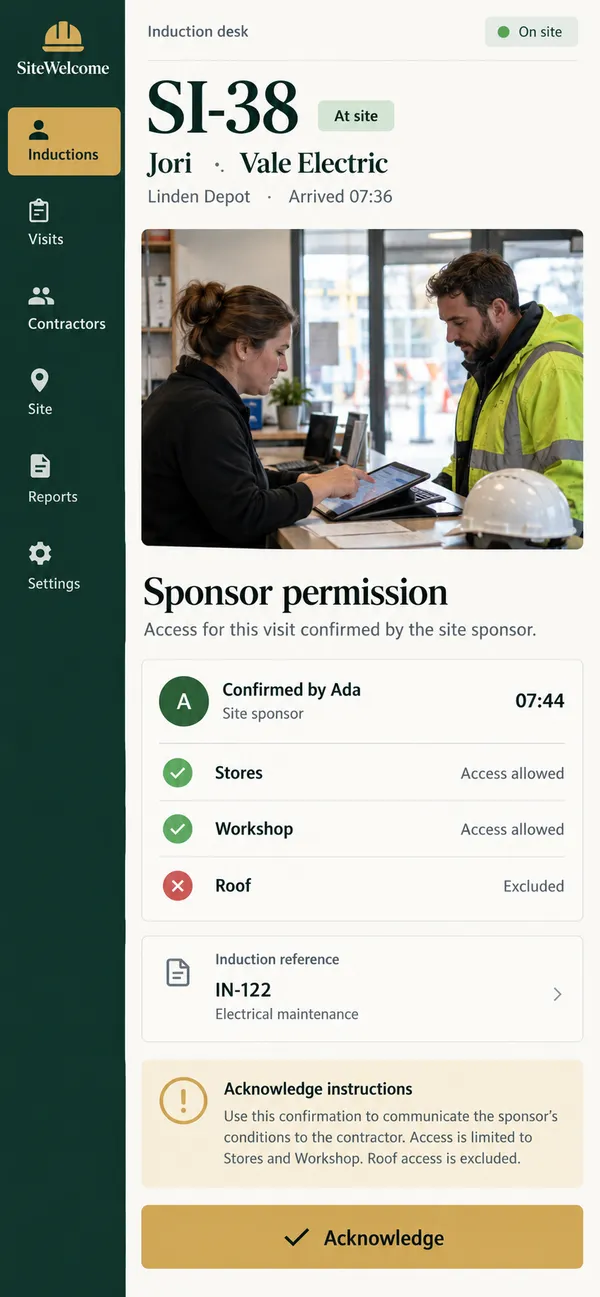 SiteWelcome contractor induction app: the sponsor's access conditions for a contractor visit