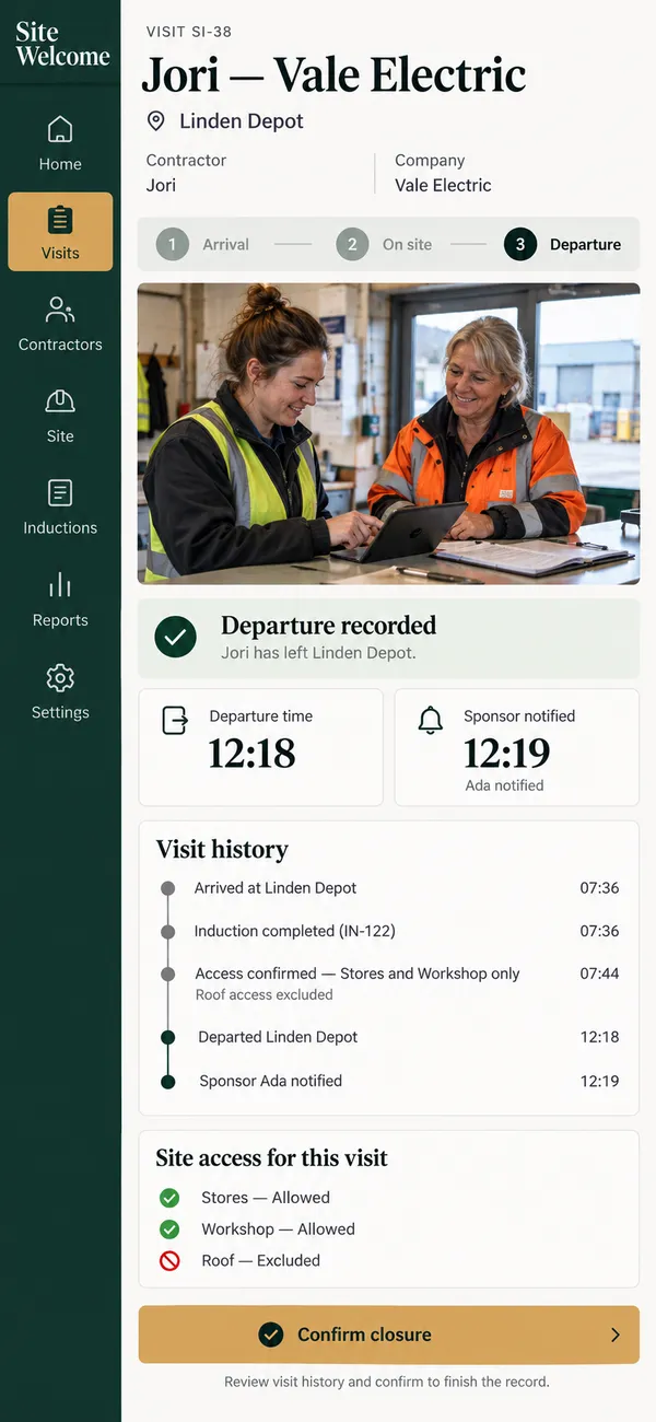 SiteWelcome contractor induction app: the visit closed with a documented sponsor update