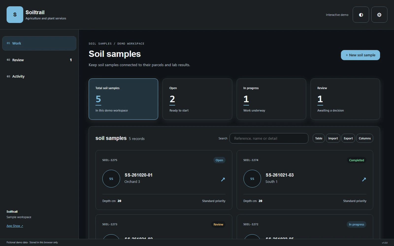 Soiltrail responsive pc workspace with sample business records.