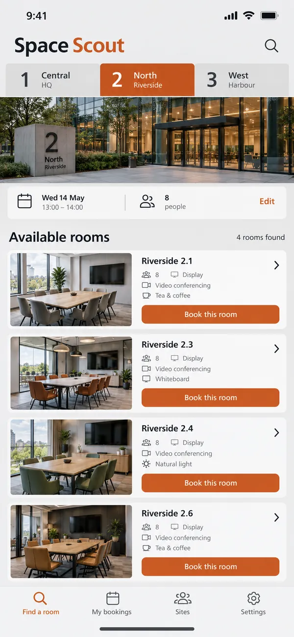 Space Scout multi-site room booking app: finding a room that matches the team's needs