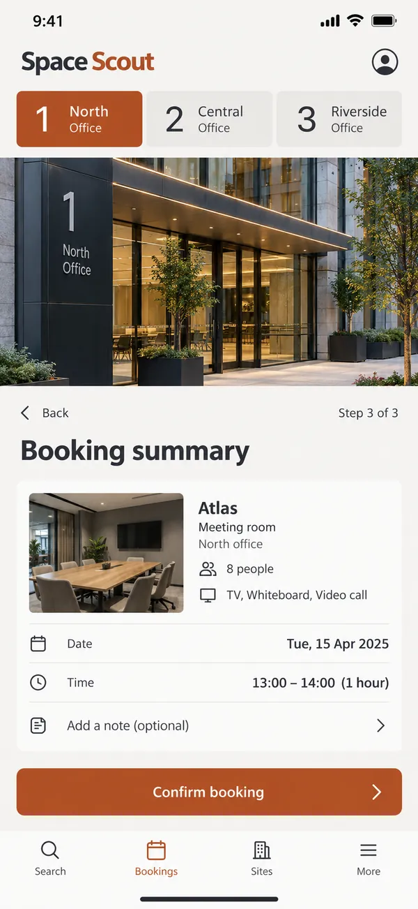 Space Scout multi-site room booking app: booking summary for the chosen room