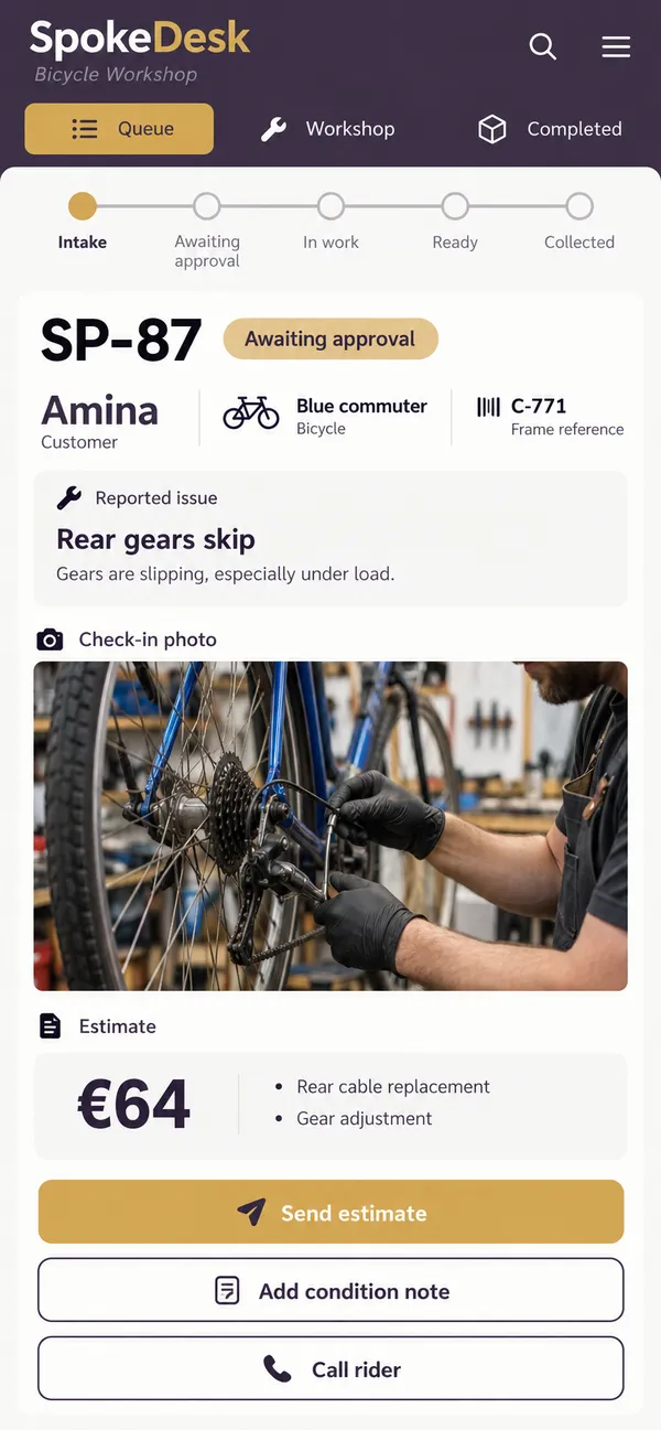 SpokeDesk bike shop repair app: a rider's concern turned into an identifiable repair at check-in