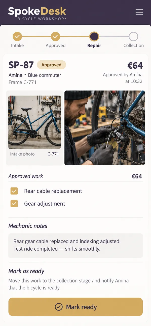 SpokeDesk bike shop repair app: an approved repair job ready for the mechanic