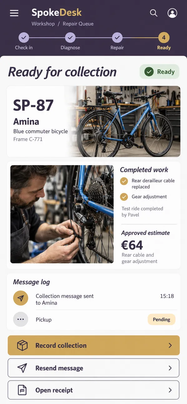 SpokeDesk bike shop repair app: completed repairs moving toward customer pickup