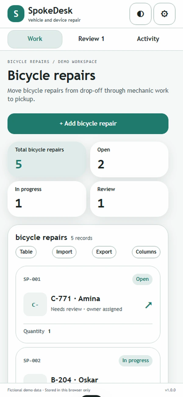 SpokeDesk bike shop repair app: a rider's concern turned into an identifiable repair at check-in