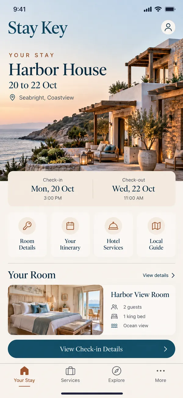 Stay Key hotel guest app: your stay with booking details and arrival time