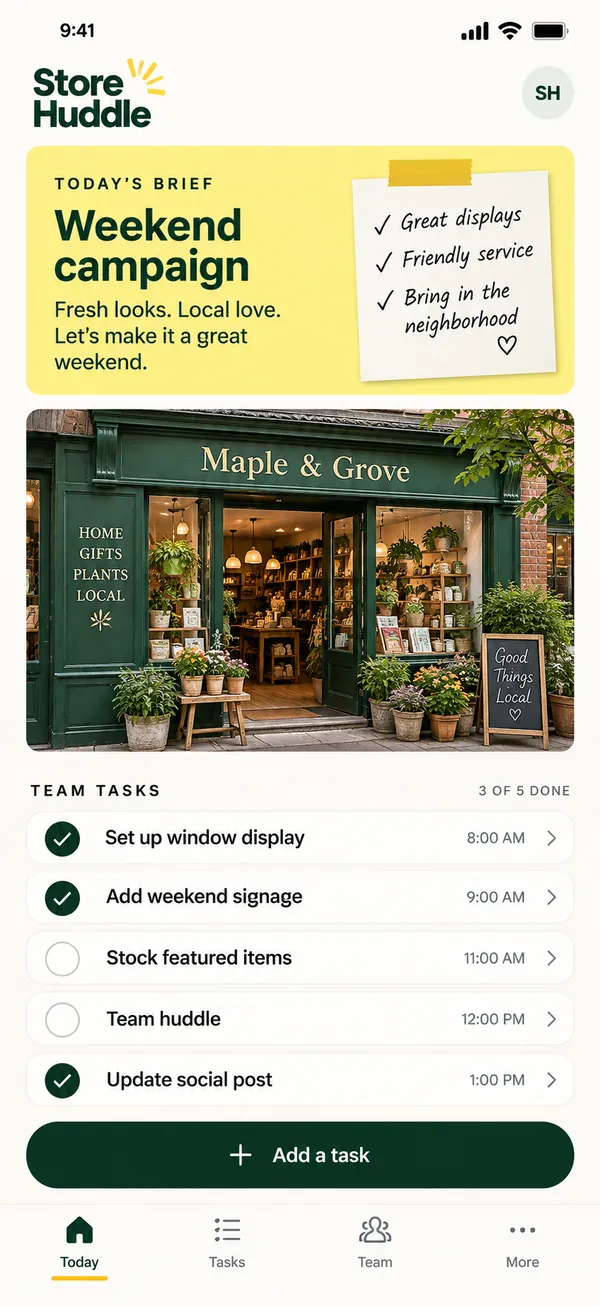 Store Huddle retail shift handover app: the day's brief with priorities and notes for the store team