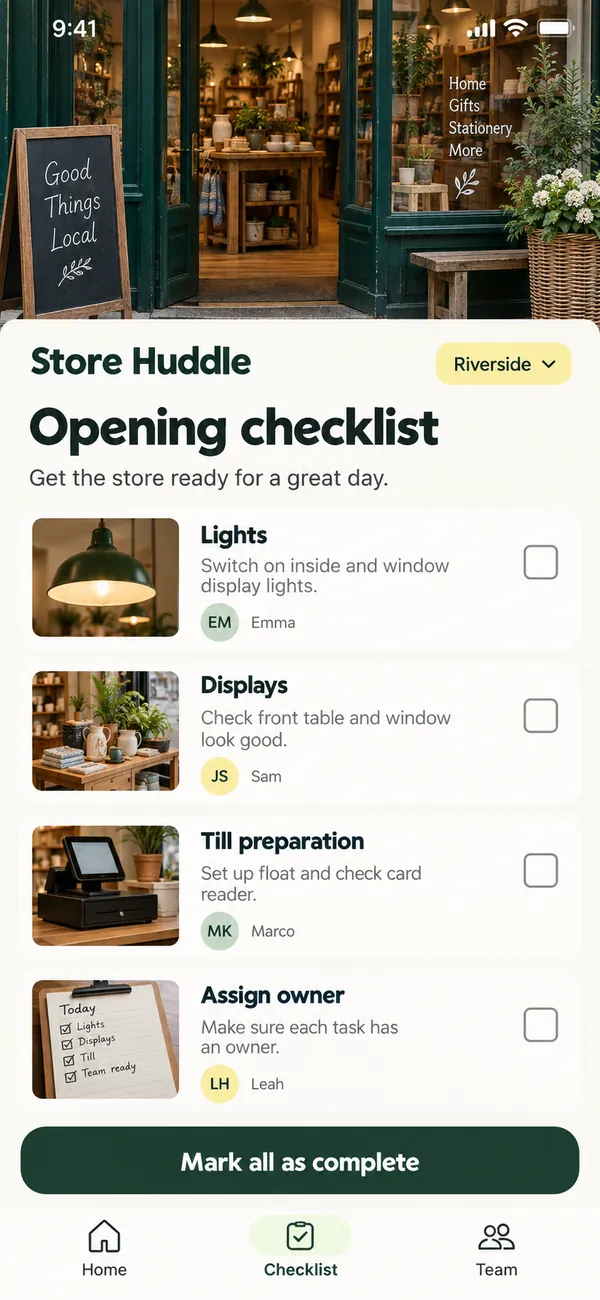 Store Huddle retail shift handover app: the opening checklist being ticked through