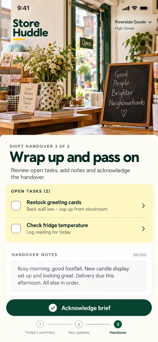 Store Huddle retail shift handover app: unfinished tasks carried into the next shift's handover