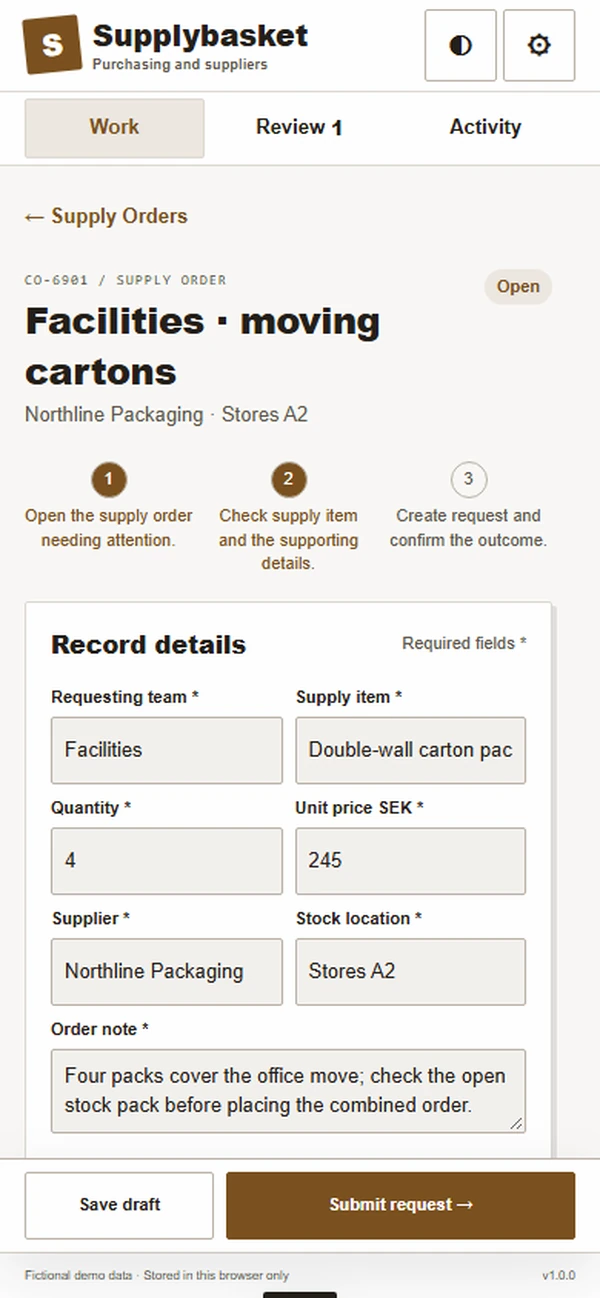 Supplybasket: editable business record and action