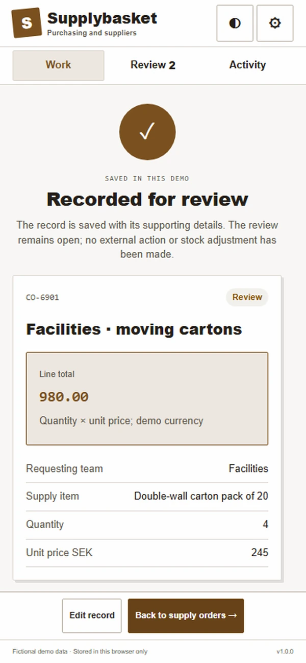 Supplybasket: saved result with recorded details