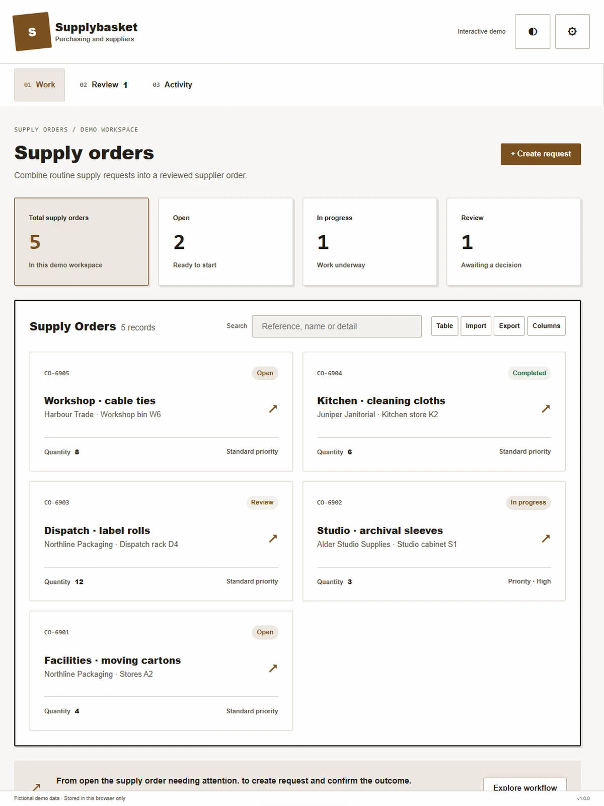 Supplybasket responsive tablet workspace with sample business records.