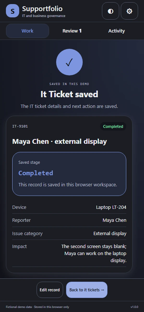 Supportfolio: saved result with recorded details