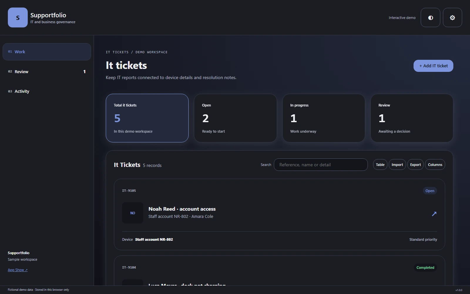 Supportfolio responsive pc workspace with sample business records.