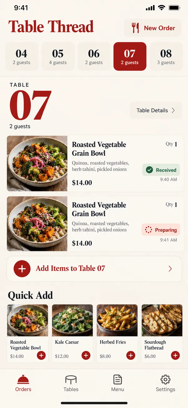 Table Thread restaurant table ordering app: Table 07 order sent to the pass