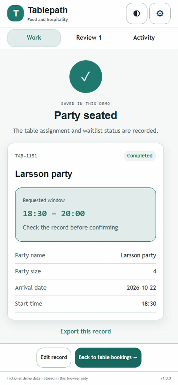 Tablepath: saved result with recorded details