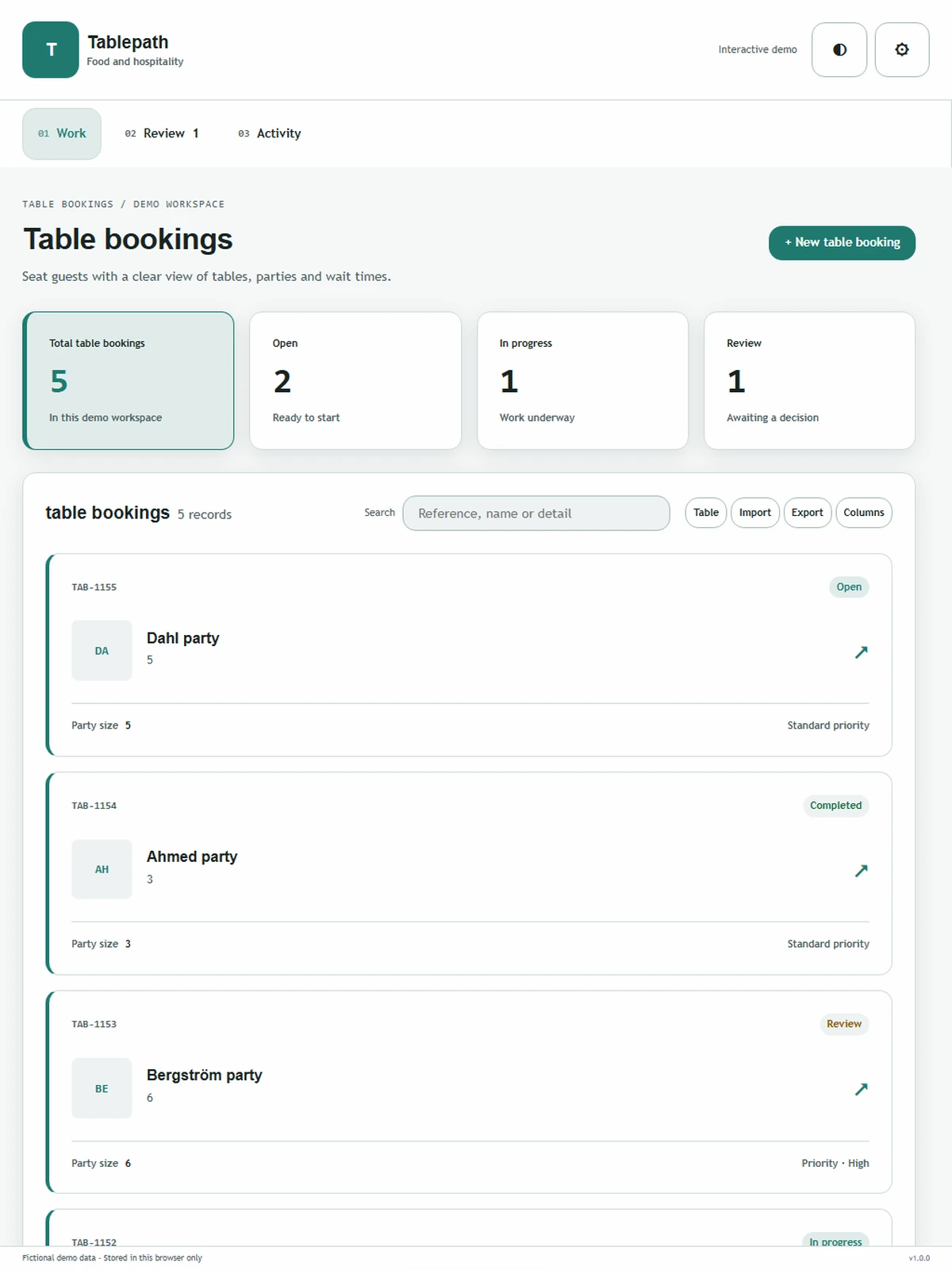 Tablepath responsive tablet workspace with sample business records.