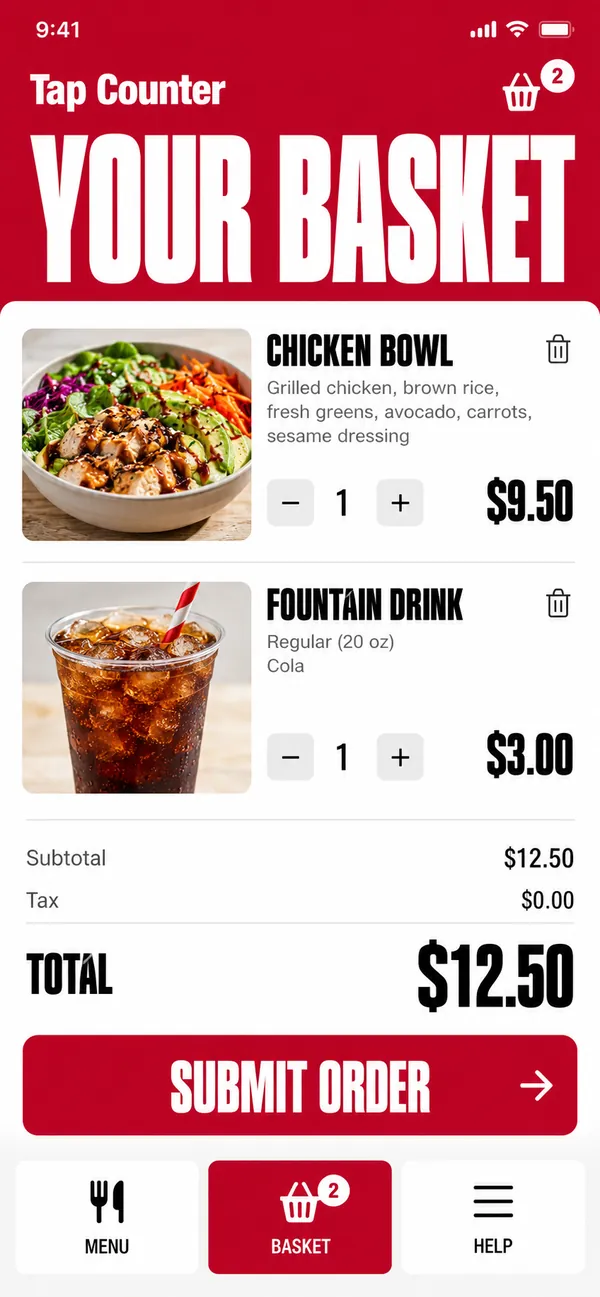 Tap Counter self-order kiosk app: basket review before placing the order