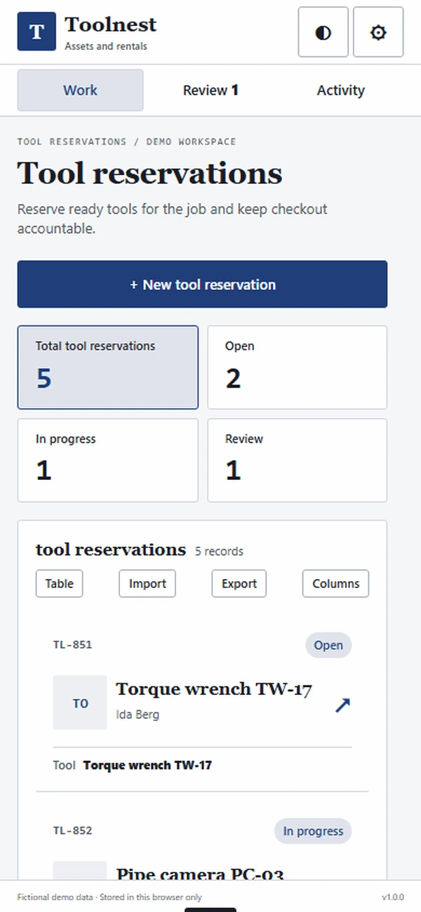 Toolnest: work queue with sample records