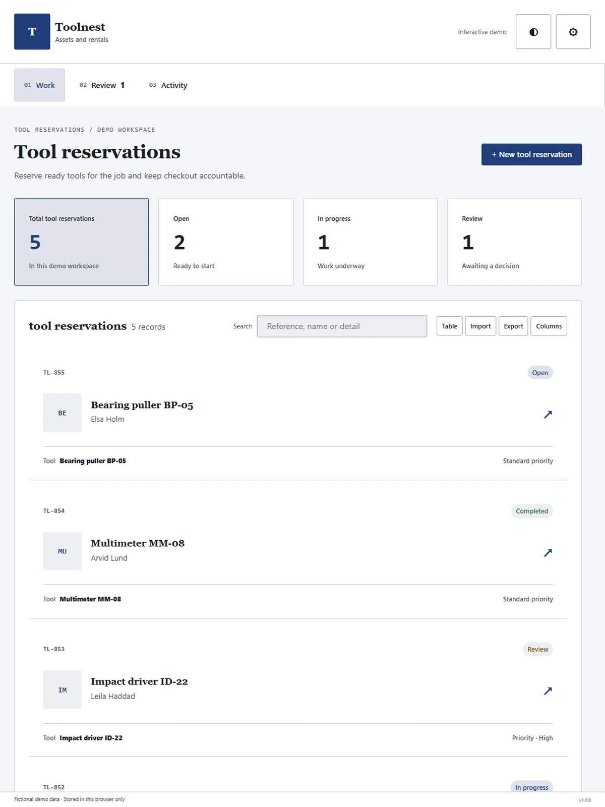 Toolnest responsive tablet workspace with sample business records.