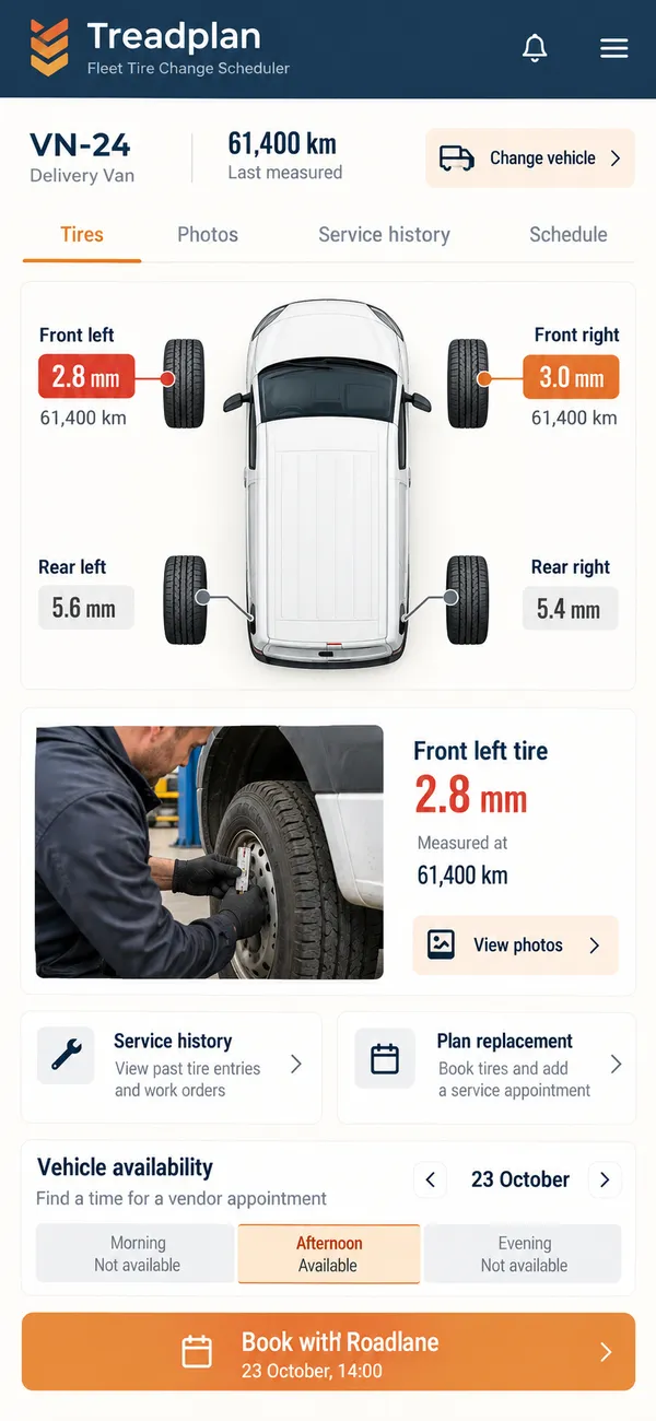 Treadplan fleet tire management app: tire positions and measurements for a vehicle
