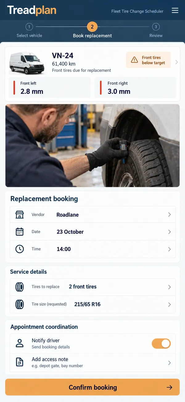 Treadplan fleet tire management app: tire work scheduled around the vehicle's working schedule