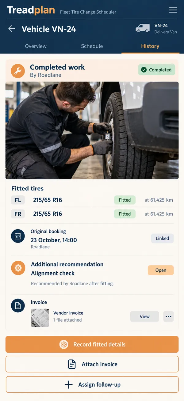 Treadplan fleet tire management app: fitting details and the vendor's follow-up advice retained