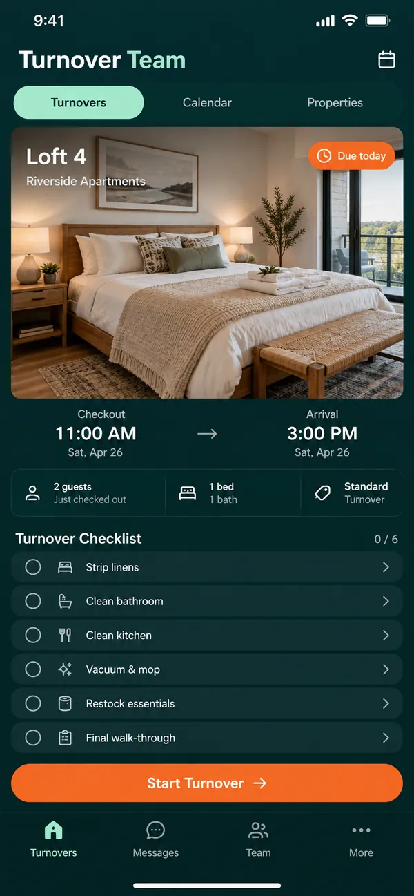 Turnover Team vacation rental turnover app: turnovers listed with guest check-out and check-in times