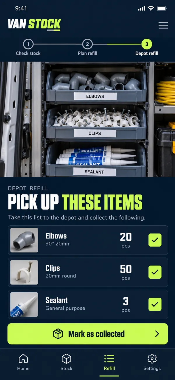 Van Stock van stock app: depot refill list of parts running low so the van can be restocked