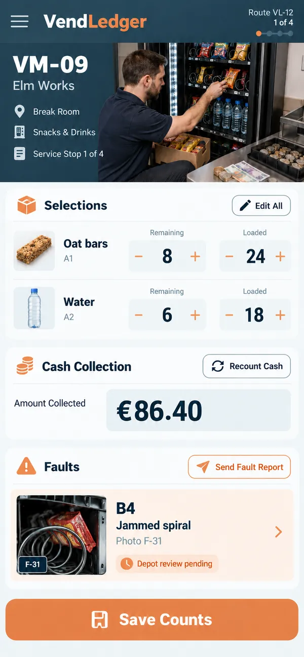 VendLedger vending machine route app: stock, cash collected and faults recorded for one machine visit