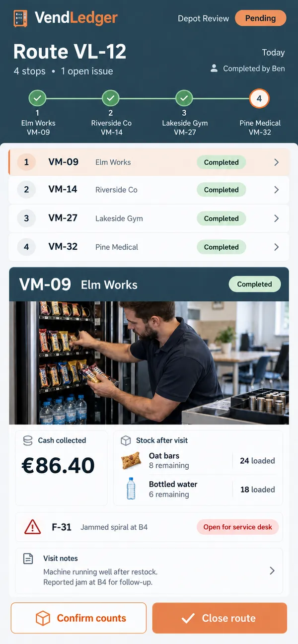 VendLedger vending machine route app: route reconciliation before the final closure
