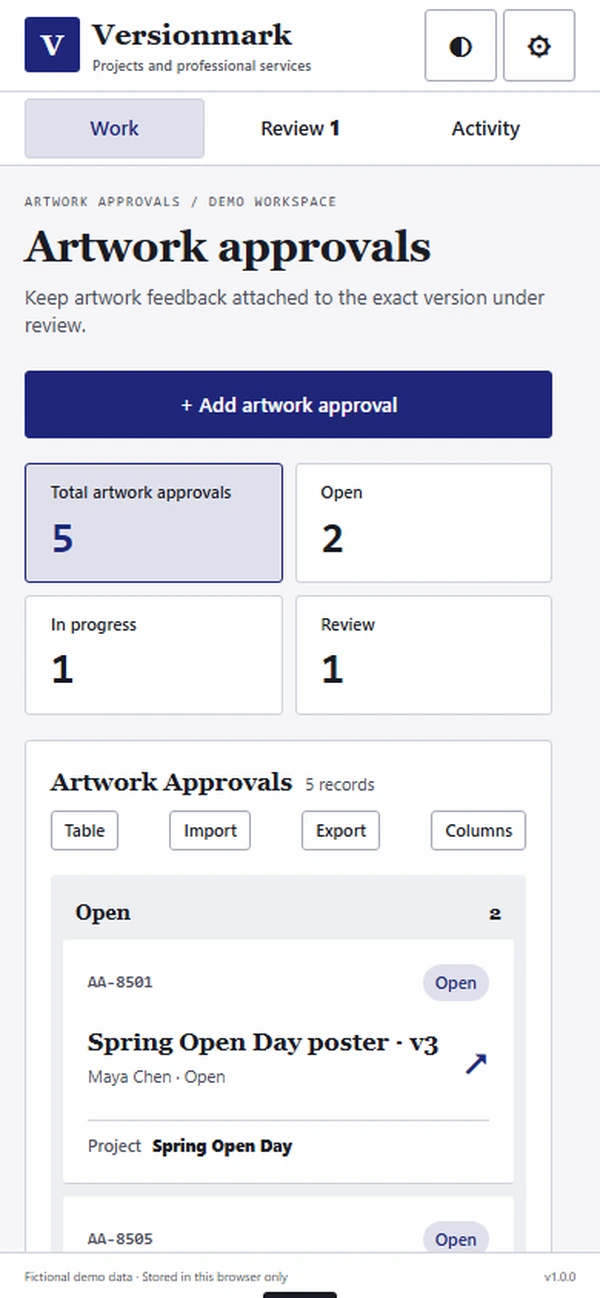 Versionmark: work queue with sample records