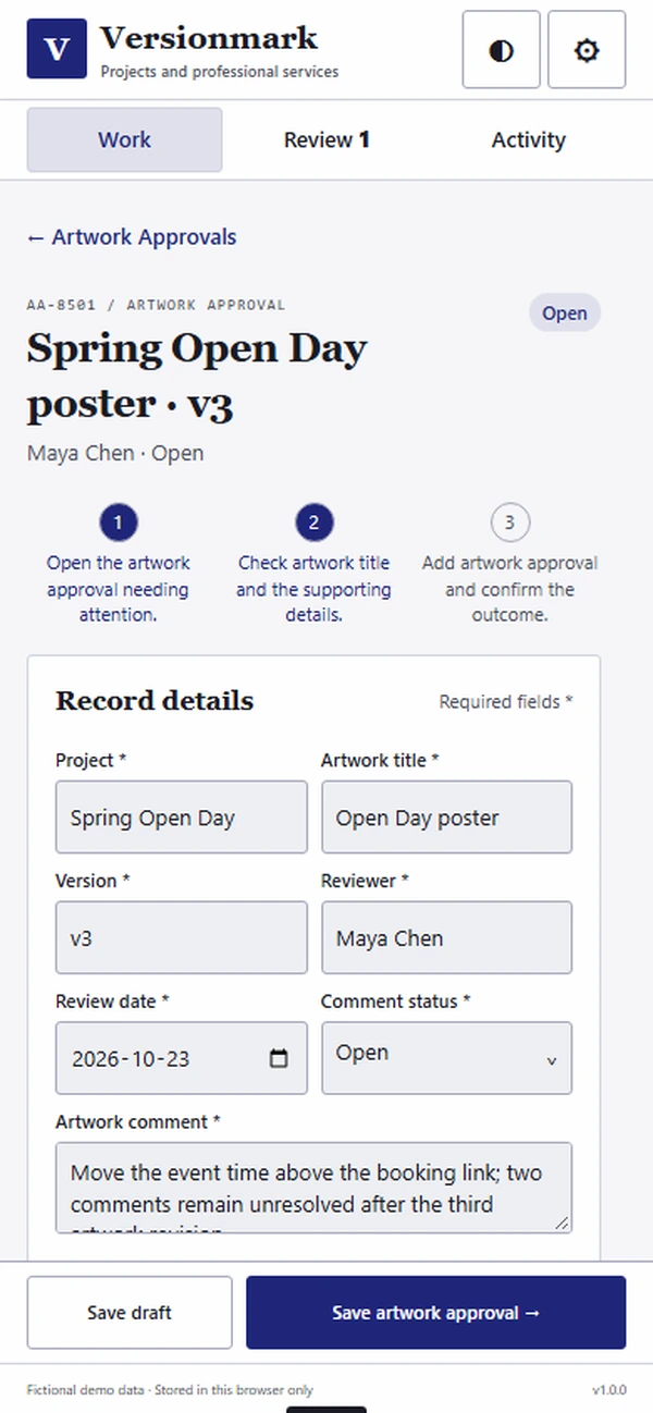 Versionmark: editable business record and action