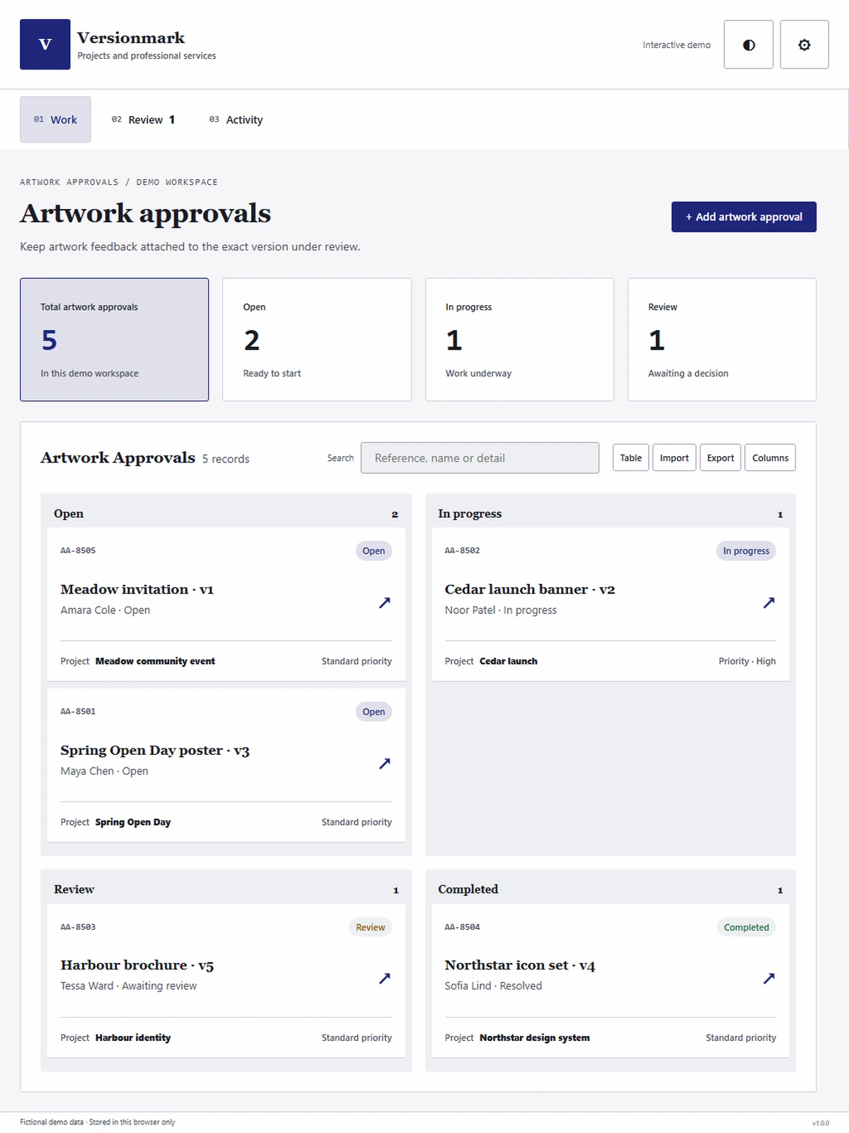 Versionmark responsive tablet workspace with sample business records.