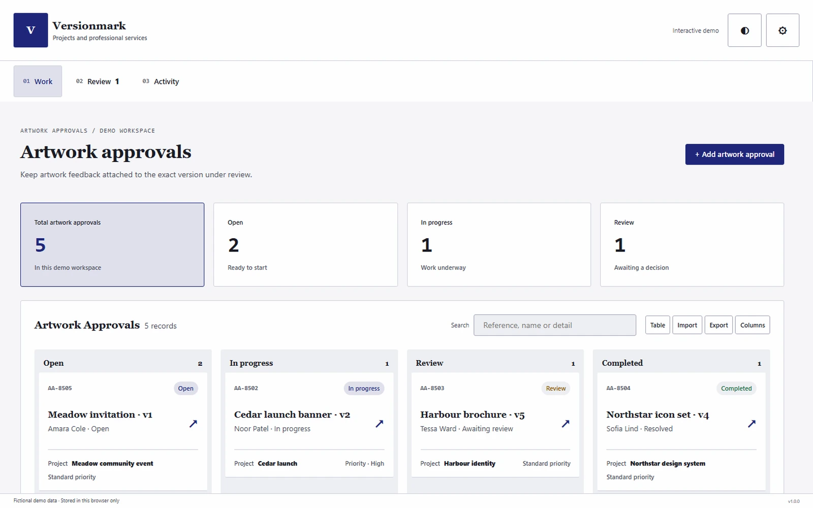 Versionmark responsive pc workspace with sample business records.