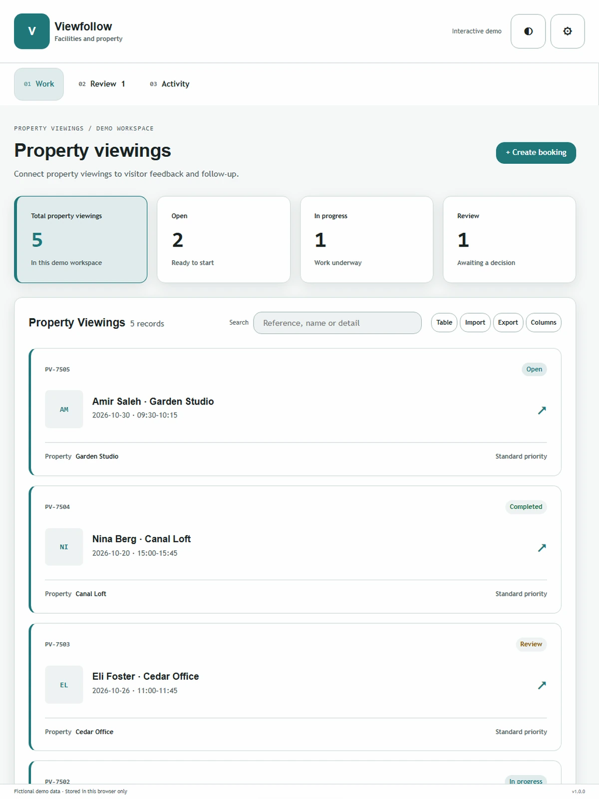 Viewfollow responsive tablet workspace with sample business records.