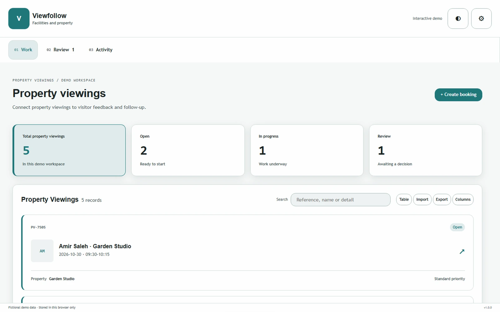 Viewfollow responsive pc workspace with sample business records.