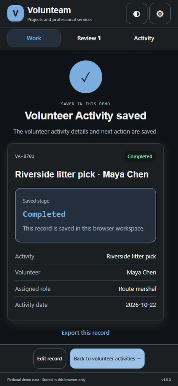 Volunteam: saved result with recorded details