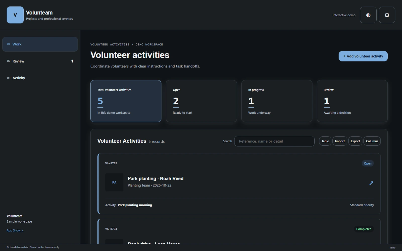 Volunteam responsive pc workspace with sample business records.